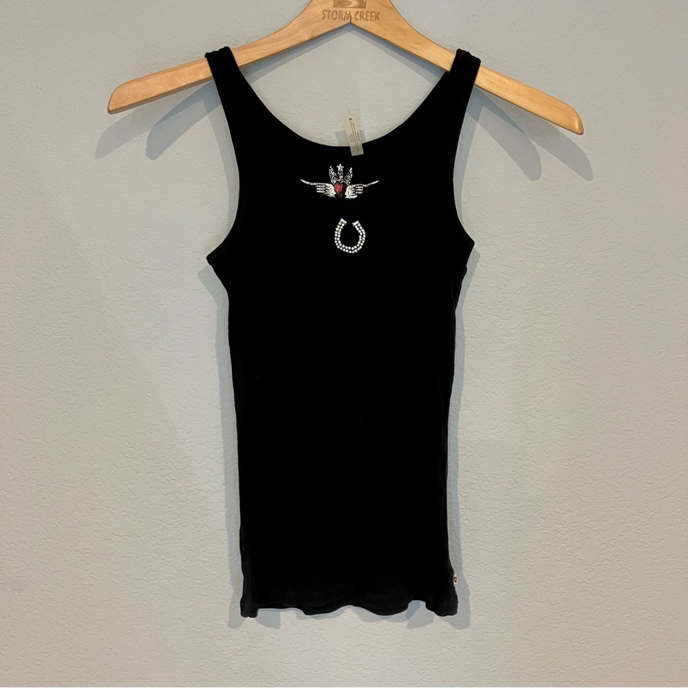 TWISTED HEART woman’s Black Tank Top Horseshoe rhinestone detail Rare Medium